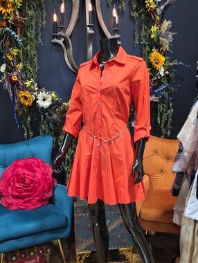 NEW! Bebe Vibrant Orange Button-Front Mini Dress with Chain Belt